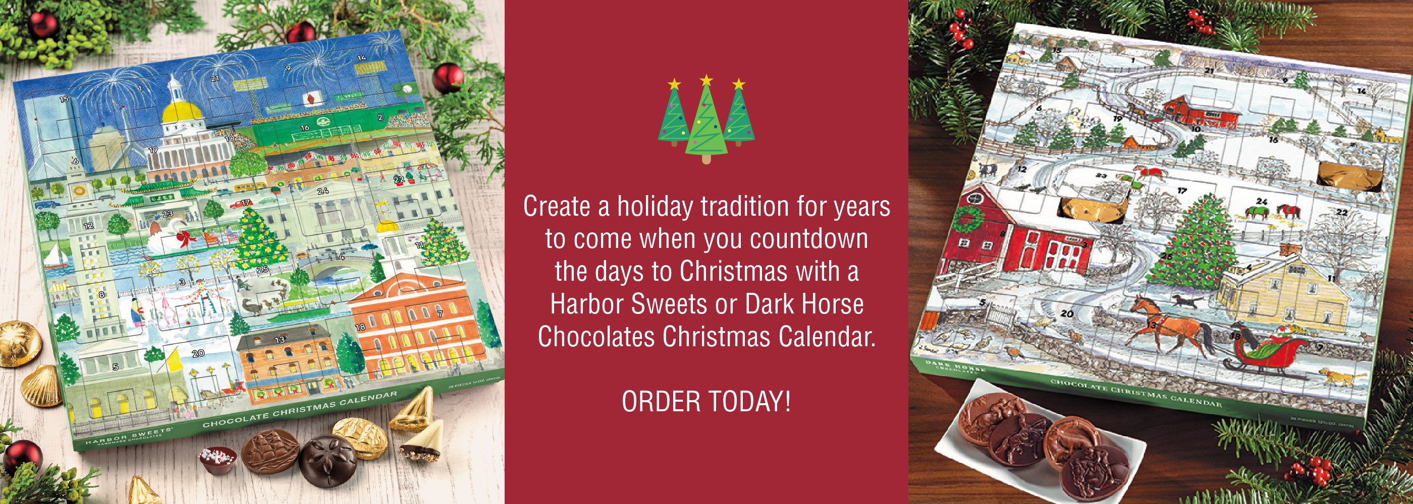 Promotional image for a Christmas calendar with holiday-themed elements and text.