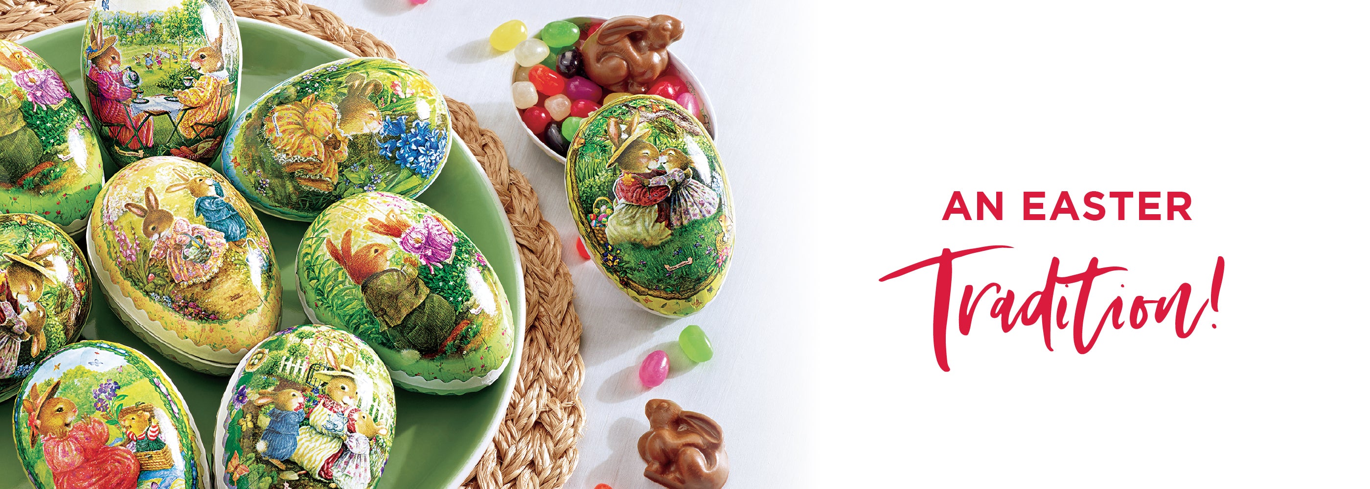 Decorative Easter eggs with cartoon characters on a white background with 'An Easter Tradition!' text.
