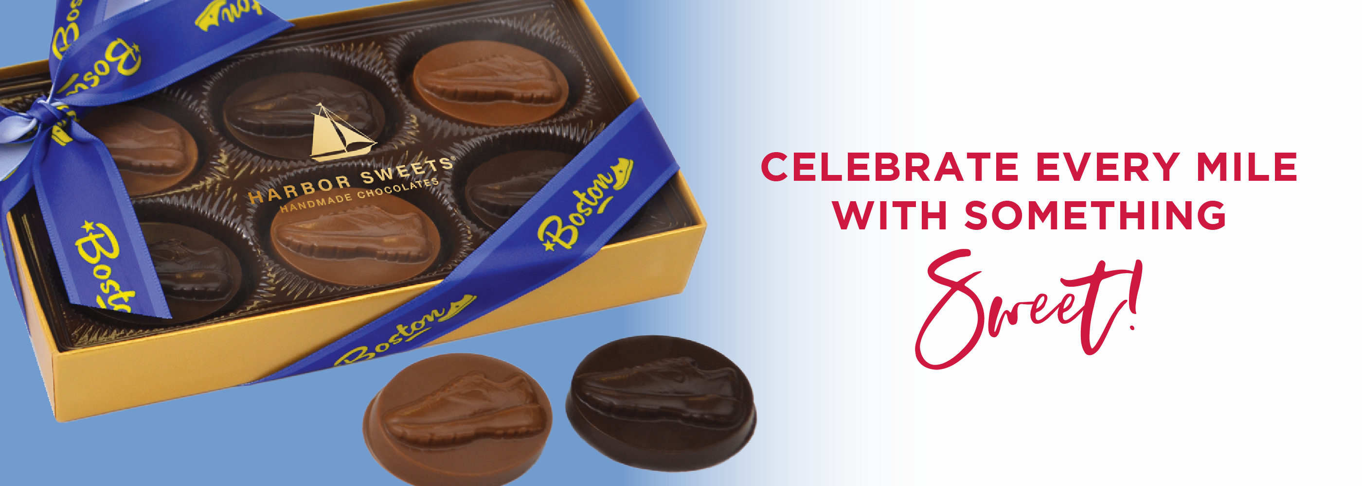 Box of chocolate truffles with a blue ribbon and text on a light blue background