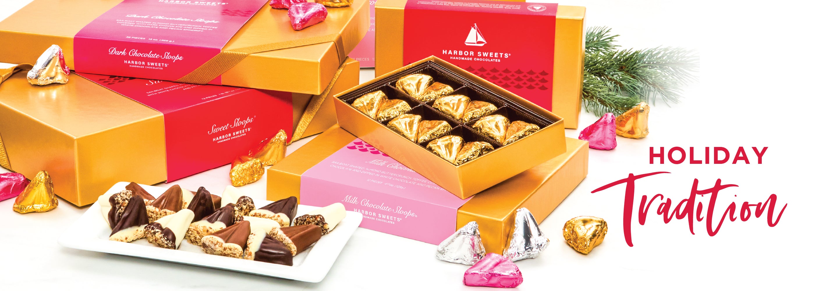 Assorted chocolates in decorative boxes with 'Holiday Tradition' text on a white background
